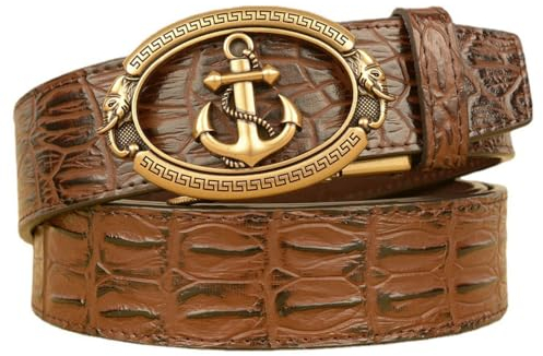 xichuangyuXCY Men's Leather Ratchet Belt Retro Dragon Pattern Eagle Tiger Buckle Carved Casual Business Belt 49 (Crocodile patterned anchor brown)