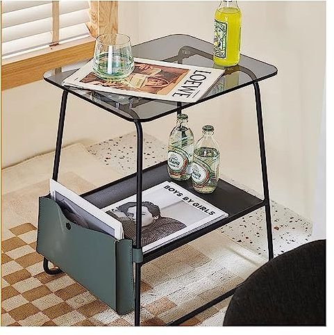 Couchtisch Beistelltisch, kleiner Beistelltisch, Nachttisch mit 2-lagigen Ablagen, Sofatisch for kleine Räume, Wohnzimmer, Schlafzimmer, stabiler Metallrahmen mit Tischplatte aus gehärtetem Glas, mit