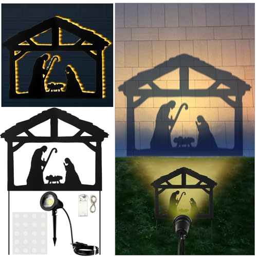 Glooglitter Silhouette de crèche de Noël - Décorations extérieures avec piquets LED pour porte, garage, pelouse, cour, jardin - Décoration de Noël (piles non incluses)