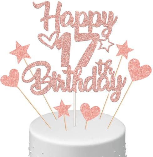 Anlgdi Tortendeko 17. Geburtstag Mädchen, Kuchendeko 17. Geburtstag Mädchen, Kuchen Topper Happy 17th Birthday Roségold, Cake Topper 17 Jahr Torte Kuchen Deko für Geburstagstorte Deko 17. Kinder