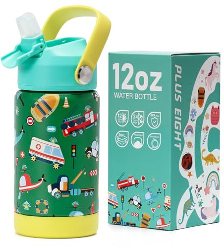 pluseight Kids Insulated Water Bottle with Straw Lid, 350ml BPA-Free Double Wall Vacuum Tumbler 18/8 Stainless Steel Leak Proof Kids Cups with Straw for School Travel Boys Girls (Car)