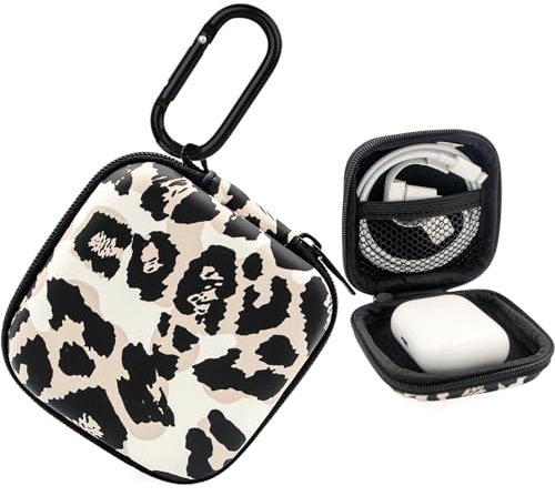 Bavane Earbud Case,Headphone Organizer Earbud Storage Bag, Hard EVA Shockproof Cover Carrying Case with Carabiner Clip Compatible with AirPods 4 Pro 2nd /3/2/1 Bose Galaxy Buds (Leopard)