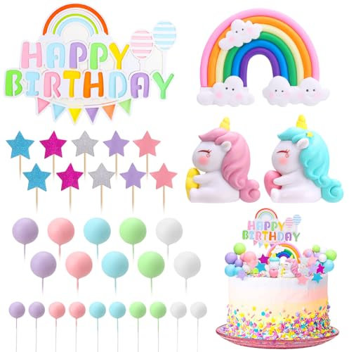 Camptrip 34 Stück Einhorn Tortendeko,3D Einhorn Kuchen Topper Regenbogen Wolke Sterne Happy Birthday Sterne Ball Kuchen Deko für Mädchen Junge