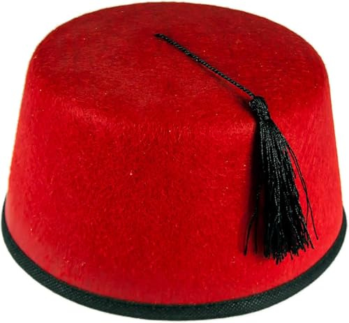 FASHIONISM Roter Fez Hut für Herren, Tommy Cooper, Fez Hut mit schwarzer Quaste, türkischer Hut, Uni, Kostümparty, Hut