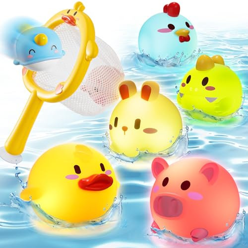 Badewannenspielzeug Badespielzeug Baby ab 1 Jahr Wasserspielzeug LED Badespielzeug & Fischernetz, Pool Badewannen Spielzeug Baby Spielen Unterwasser Spielzeug Geschenk für Kinder Jungen 1 2 3 4 5 6