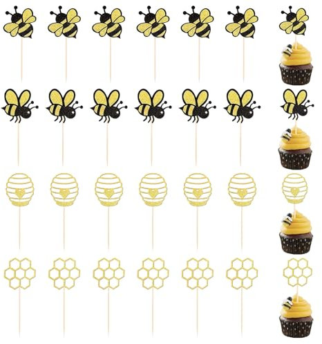 Zernblend 24 Stück Kreative Kucheneinsätze mit Glitzernden Bienenstöcken, Bienen, Cupcake Deko, Bienen Deko