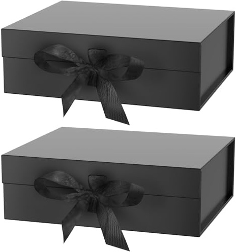 2Pcs Magnetische Geschenkbox mit Schleife, 31x22x10cm Schwarz Geschenkbox Magnetisch Geschenkkarton mit Deckel, Geschenkverpackung Box Geschenkschachtel mit Band für Hochzeit Geburtstag Jubiläum