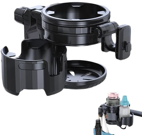 Stroller Cup Holder with Hook, Clamp-On Toddler Stroller Cup Holder with Hook, Multi-Functional Motorcycle Mount Organizer Quick Draining for Strolling, Outing