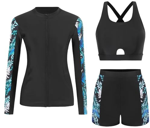Ausing - Set di Rashguard per Donne, Rashguard da Wakeboard, Set Costume da Surf da Spiaggia, Costume con Tankini + Pantaloncini S-XXL, blu, S
