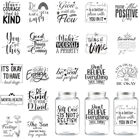UV DTF Cup Wrap Sticker - 20 Sheets Black Mental Health UV DTF Cup Stickers Stress Relief Boho Motivational Quotes Transfers Stickers for 16 Oz Glass Water Bottl DIY Mug Crafts Therapist Gifts