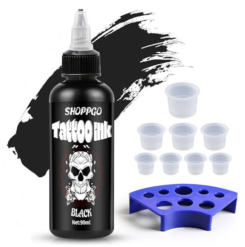 SHOPPGO Dynamic Tattoo Ink, Tattoo Farbe Black, mit 90ml Tattoo Ink, 8 Stück Tattoo-Tintenbecher, 1 Stück Tattoo-Tintenständer