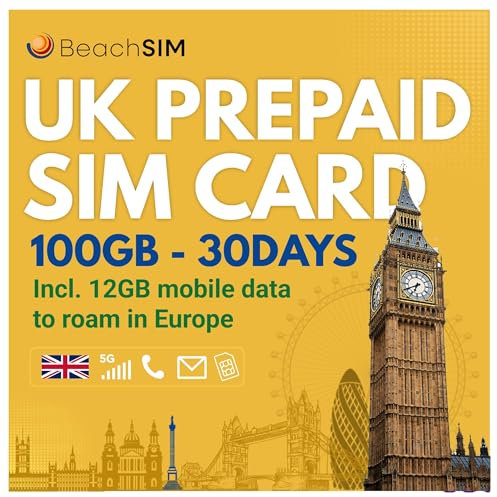 BeachSIM UK SIM-Karte 30 Tage. 100 GB Datenvolumen mit 4G/5G-Geschwindigkeit. Unbegrenzte Ortsgespräche und SMS. Enthält 12 GB Datenvolumen für Roaming in der EU. Funktioniert mit iOS und Android.