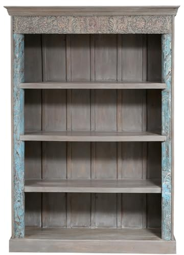 Handgeschnitztes Regal aus Teak Massivholz – 190 cm, Vintage Braun | Standregal für Wohnzimmer, Diele & Schlafzimmer | Offenes Bücherregal, Raumteiler & Wandregal ohne Bohren Muster -150-