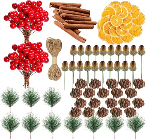 Wleozys 280 Pcs Christmas Wreath Accessories, Artificial Berries Orange Slices Pines Cones Acorn Cinnamon Sticks for Christmas Wreath Craft Party Decor