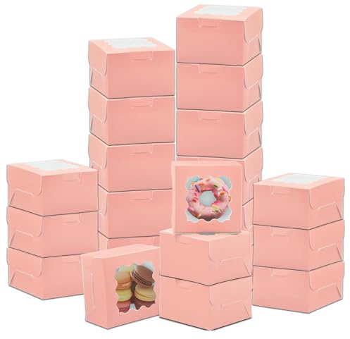 TESIN 100 Stück Mini Kuchenbehälter mit Sichtfenster set, 10 x 10 x 6 cm Pinke Verpackungsschachteln aus Kraftpapier, Gebäckboxen für Pralinen, Kuchen, Kekse, Donuts und Macarons