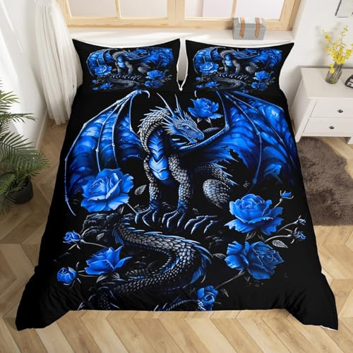 richhome Bleu Rose Dragon Housse de Couette 200x200cm Gris Noir Dragon Adolescents Femmes Parure de Lit pour Enfants Garçons Filles Fleur décor Ensemble de Literie Romantique Literie Set 3 pièces