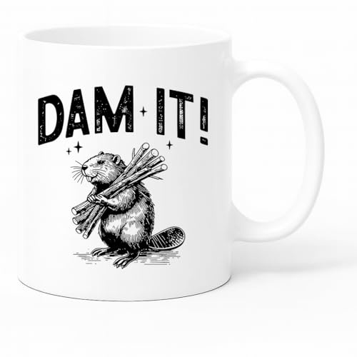 Misfits-Apparel Dam It Beaver Coffee Tea Mug, 11oz, White Ceramic, Matte Non-Slip Handle