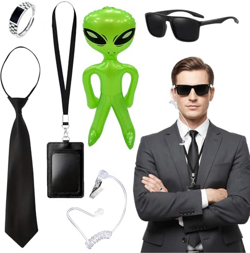 6 Stück Agent Kostüm Zubehör Man In Black Kostüm mit Schwarze Krawatte Sonnenbrille Spionage Ring Kartenetui Aufblasbarer Alien, Agent Security Kostüm Erwachsene für Karneval Halloween Rollenspiele