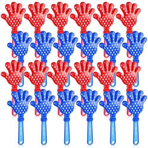 Civaner 24 Pcs 9.5 Inch Patriotic Hand Clappers, Red White Blue Star Print Plastic Noise Makers - Independence Day, Memorial Day Party Favors for 4th of July Parades, Stadium Cheering, Soccer Events
