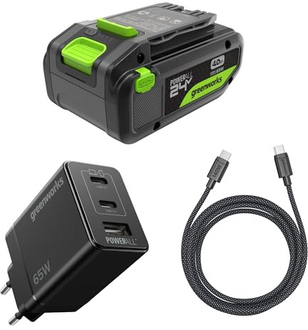 Greenworks 24V 4Ah battery High Power USB-C & 65W USB-C charger & 100w cable, Li-Ion 24V 4.0Ah battery suitable for all 200+ Greenworks 24V devices, 2 year warranty - K2S4BEA
