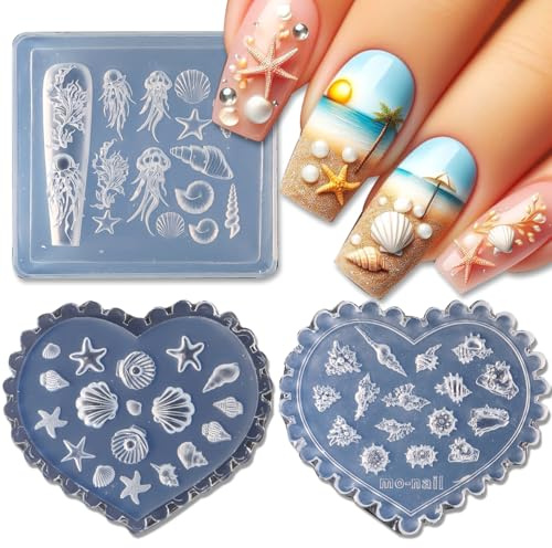 CharmeFleur Formes d'Ongles en Silicone 3D Coquillage Étoile de Mer 3 Pièces Thème Océan Modèle Gravé Art des Ongles Style Été Plage Outils de Manucure Pour Design Ongula
