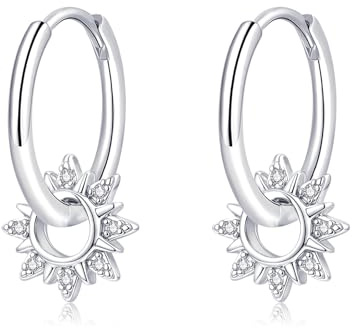 Estrellique Ohrringe Silber 925, Hypoallergen 925 Sterling Silber Creolen | Creolen mit Sonne Sterne Mond Herz Anhängern, Leichte Huggie Ohrringe Silber mit CZ Anhängern, Geschenk für Mädchen Frauen