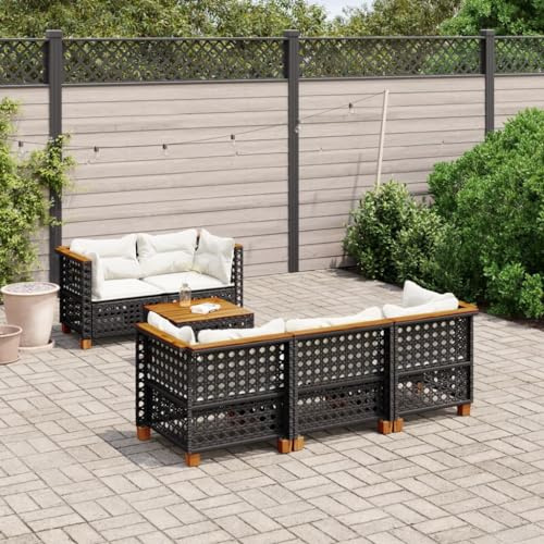 Hoopleep 6-TLG. Garten-Sofagarnitur Schwarz Poly Rattan, Ecksofa & Mittelsofa mit Kissen, Akazienholz-Tisch, UV-beständig, für Terrasse & Outdoor