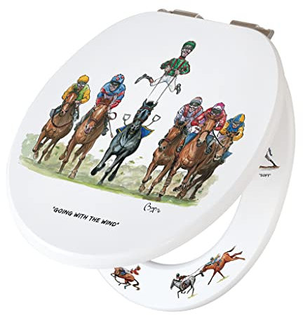Fun Novelty Toilet Seat Soft Close, Easy Fit, Printed On 3 Surfaces with Bryn Parry Equestrian Horse Racing Art. Fantastic New Home Gift for Farmhouse, Country Lifestyle & Horse Riding Enthusiasts