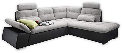 Stella Trading JAKARTA Ecksofa mit Schlaffunktion und Stoffbezug, Schwarz / Silber - Ausziehbares Schlafsofa mit steckbaren Kopfstützen & Kissen - 260 x 103 x 219 cm (B/H/T) Rechts