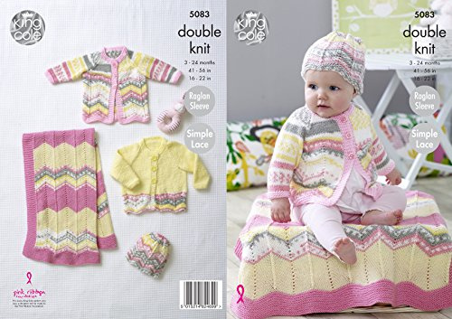 King Cole Baby Double Knitting Pattern Simple Lace Raglan Sleeve Coat Cardigan Blanket & Hat (5083)