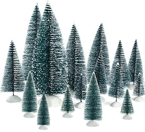KUUQA 46Pcs Mini Christmas Bottle Brush Trees - Miniature Sisal Snow Frost Trees With White Base for Diorama Models, Party Home Decoration, Table Top Decor
