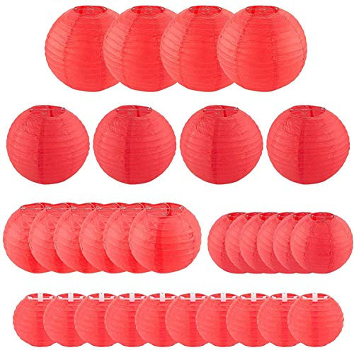 STARVAST 30 Stück Papierlaternen – Papierlaterne rot rund für Hochzeit, Haus, Party und Weihnachten – Verschiedene Größen rund (4 Zoll, 8 Zoll, 10 Zoll, 12 Zoll) – Rot