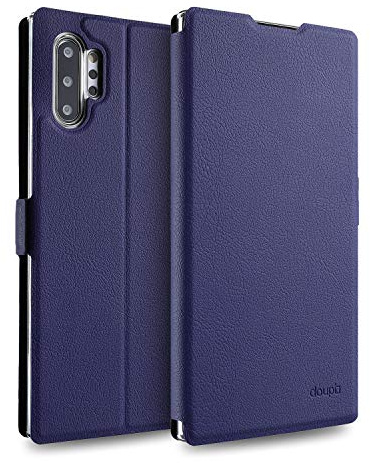 doupi Flip Case für Samsung Note 10 Plus, Deluxe Schutz Hülle mit Magnetischem Verschluss Cover Klapphülle Book Style Handyhülle Aufstellbar Ständer, dunkel blau