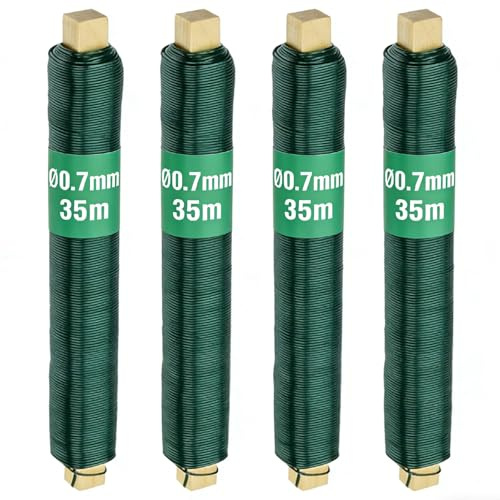 Amagabeli 4er Set Blumendraht Grün, 0,7 mm, 4 Rollen à 35 m (140 m),Basteldraht Verzinkt & PVC-beschichtet, Bindedraht für Garten, Pflanzen, Tomaten & Kletterpflanzen