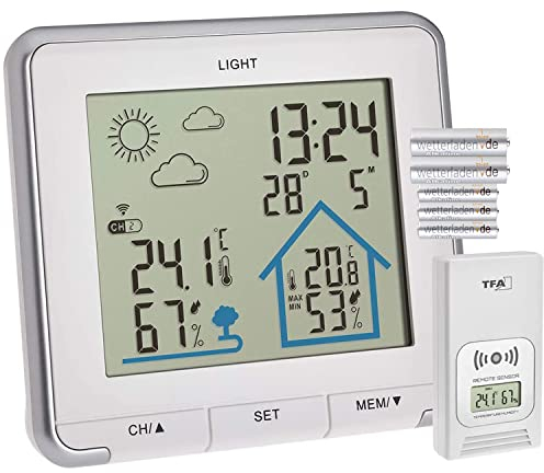 TFA Dostmann Stazione meteo Radio Life, stazione meteo digitale, umidità, temperatura, con retroilluminazione, simboli meteorologici, lunghezza 138 x larghezza 28 (67) x altezza 125 mm