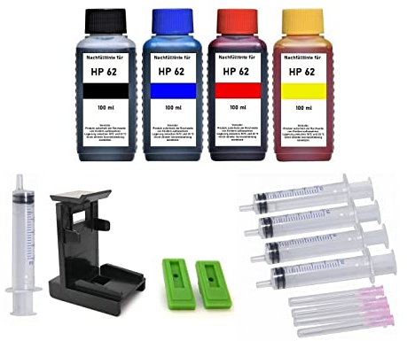 Tintenpatronen Nachfüllset kompatibel mit HP 62 Schwarz und Color (XL) Druckerpatronen - 400 ml Refill-Tinten Black, Cyan, Magenta und Yellow mit Adapter, Befüllanleitung, Zubehör