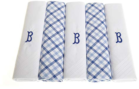 Surf the Shop 5 Stück bestickte Herren-Taschentücher mit Satin-Bordüre und blauem Karomuster, verschiedene Buchstaben, 5 Stück, B, 5 Pack
