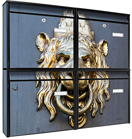 Briefkastenanlage 4 Fach | Postkästen 72x64x10cm groß | verzinkter Stahl Silber DIN A4 Motiv Türklopfer Löwe | Briefkasten Set 4 Briefkästen Namensschild, 2 Schlüssel, Montagematerial