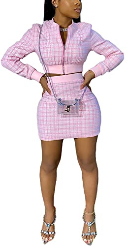 THLAI 2-teiliges Damenrock-Set, langärmelig, Jacke, bauchfreies Top und figurbetonter Minirock, Set mit rosa Party-Outfits, Geburtstagsanzügen