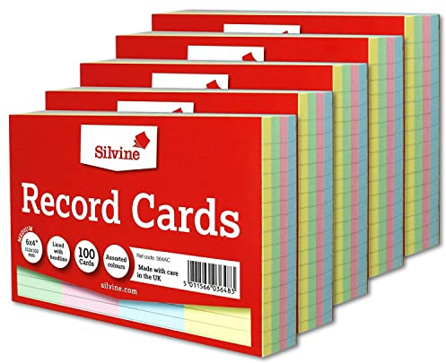 Silvine Karteikarten Großpackung 500 Stück | 5 x 100 Stück 15,2 x 10,2 cm farbig liniert mit Überschrift Karteikarten - Größe M 152 x 102 mm - A6