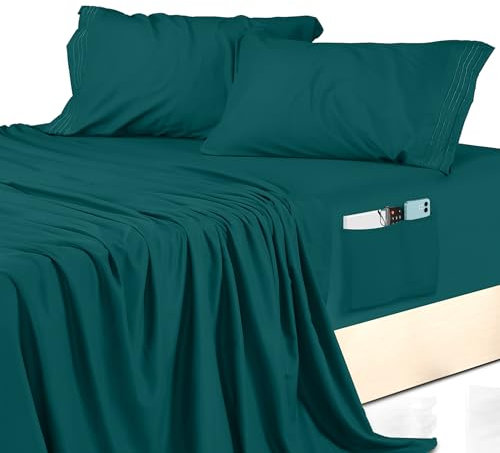 Utopia Bedding Bettlaken-Set für Doppelbetten Weiche Mikrofaser, 4-teiliges Hotel-Luxus-Bettlaken-Set mit tiefen Taschen, bestickten Kissenbezügen, seitlicher Aufbewahrungstasche, Spannbettlaken,