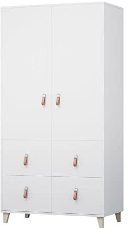 mb-moebel Kleiderschrank Drehtürenschrank mit Schubladen Weiß Falttürenschrank 2-türig Schrank mit Einlegeböden und Kleiderstange Garderobe - Kinderzimmer, Schlafzimmer 104x202x55 FAGO 4S2D