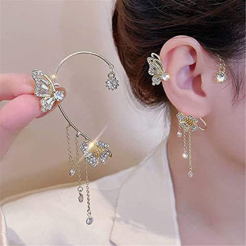 MONEYN Sparkling Zircon Butterfly Ear Clip, Wrap Butterfly Flowers Tassel Long Ear Cuff Earrings - Golden