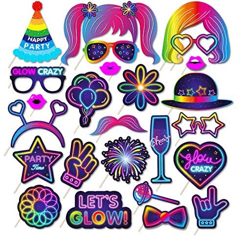Fotobox Requisiten Neon Party Fotobox Accessoires Foto Booth Props mit Stick für Geburtstag, Karneval, Hochzeit,Weihnachtsparty, Disco Party Zubehör Deko Gadgets (Neon)