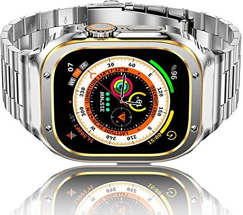 Amznew Correa de acero inoxidable para Apple Watch con funda compatible con Apple Watch Ultra de 49 mm, correas de metal iWatch y funda protectora para hombre，Plata/oro