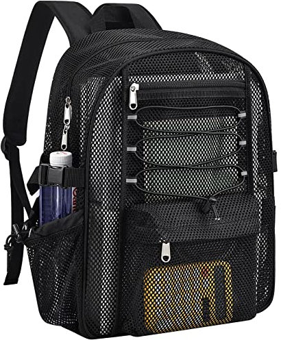 UEASE Netz-Rucksack für die Schule, Netz-Büchertasche für Erwachsene, durchsichtig, schwarz, Netz-Schultasche, Schwarz, 23L, 运动