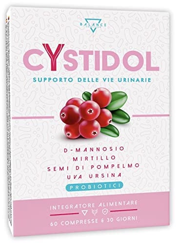 CYSTIDOL® - 60 COMPRESSE | D-Mannosio | Integratore Cistite, con Mirtillo Rosso, Probiotici, Semi di Pompelmo | Cranberry per Candida e Infezioni delle Vie Urinarie | 100% Naturale