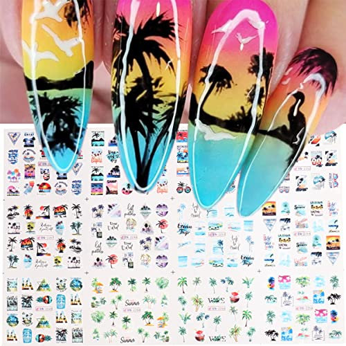 Stickers Ongles Palmier D'été Décalcomanies pour Ongles de Noix de Coco Tropicale Bricolage Tatouages Pour Ongles de Plage Hawaïenne Transfert D'eau Décalcomanies Pour Ongles 12 Feuilles