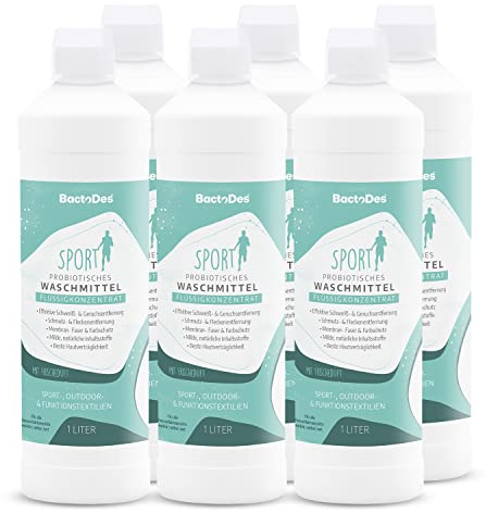 BactoDes - bWash Sportwaschmittel 6x 1L flüssig für Sportbekleidung gegen Schweiß - Probiotisches Flüssigwaschmittel mit Frischeduft - Sportwaschmittel ideal für Outdoor-, Sport- & Funktionskleidung