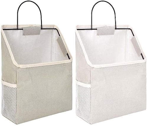 Mikihat 2 Pièces Sac de Rangement Suspendu Mural, Panier de Rangement en Coton et Lin avec Crochet, Poche Rangement Mural avec Cadre en Métal, Gris et Blanc Organisateur Mural Suspendu